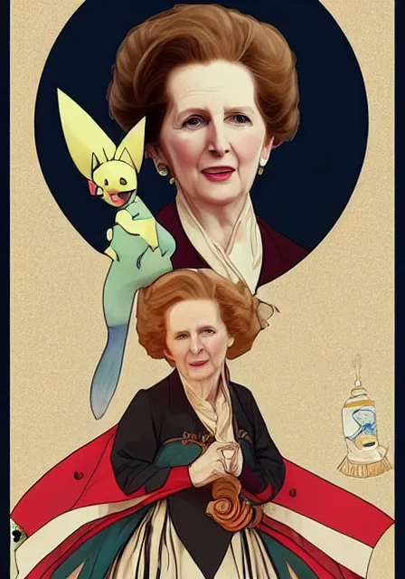 Image similar to margaret thatcher as a pokemon, intricate, elegant, highly detailed, digital painting, artstation, concept art, smooth, sharp focus, illustration, art by artgerm and greg rutkowski and alphonse mucha and william - adolphe bouguereau