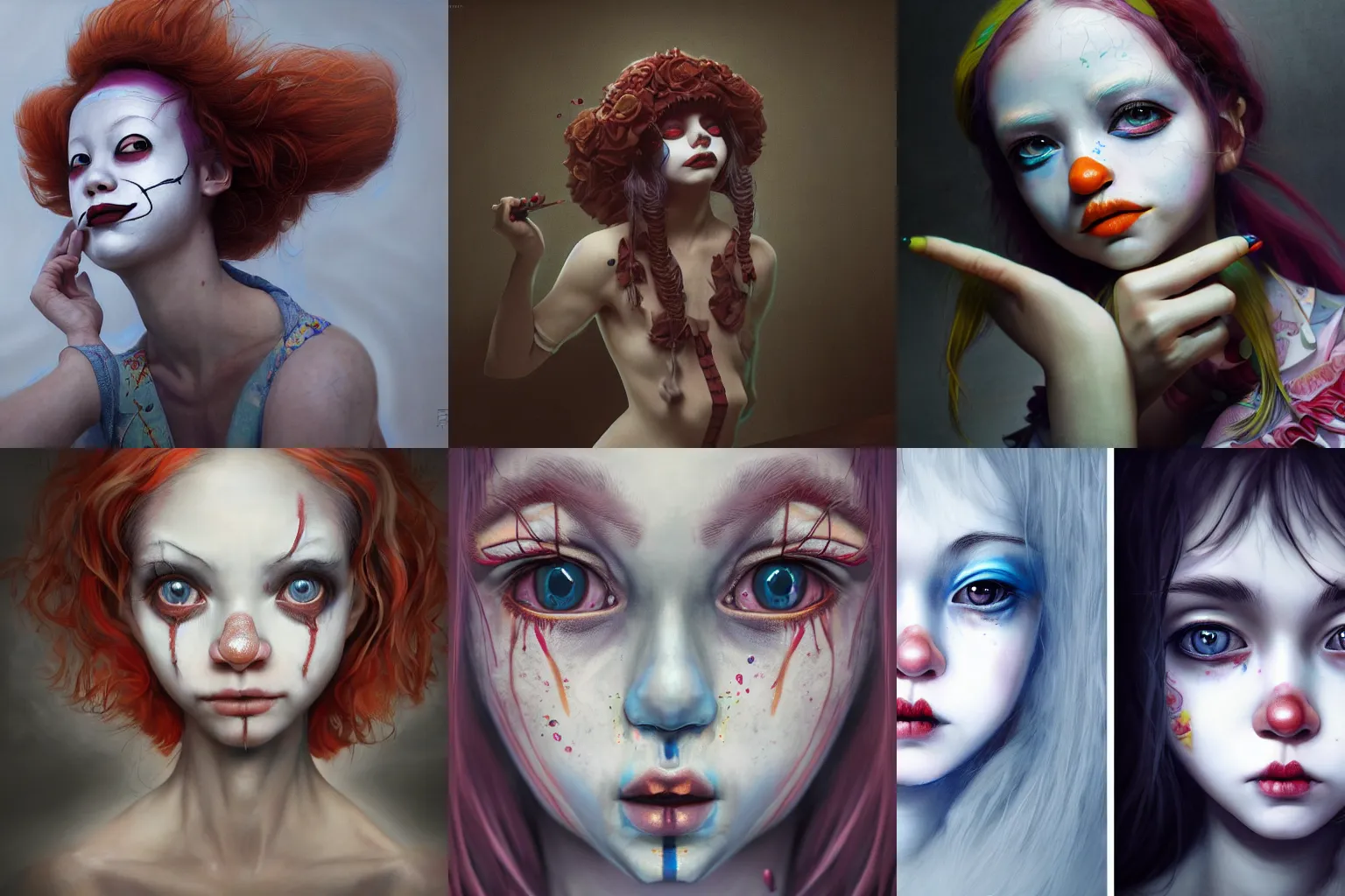 Prompt: breathtaking detailed painting of clown girl, with anxious, piercing eyes, james jean, miho hirano, extremely moody lighting, hyperrealistic, octane render, rpg portrait, ambient light, dynamic lighting