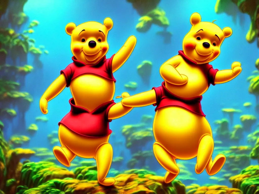 Image similar to the beautiful cartoon animation render a single lovely winnie the pooh wearing paper diapers, pop art, perfect shadow, atmospheric lighting, hyper detailed, underwater world, in the style of makoto shinkai, raphael lacoste louis comfort tiffany, artgerm, karol bak, james jean, ross tran, 8 k hd, fine texture structure, 3 drender