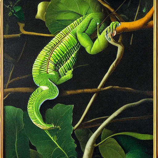 Prompt: majestic painting of a green basilisk by Michelangelo Merisi da Caravaggio