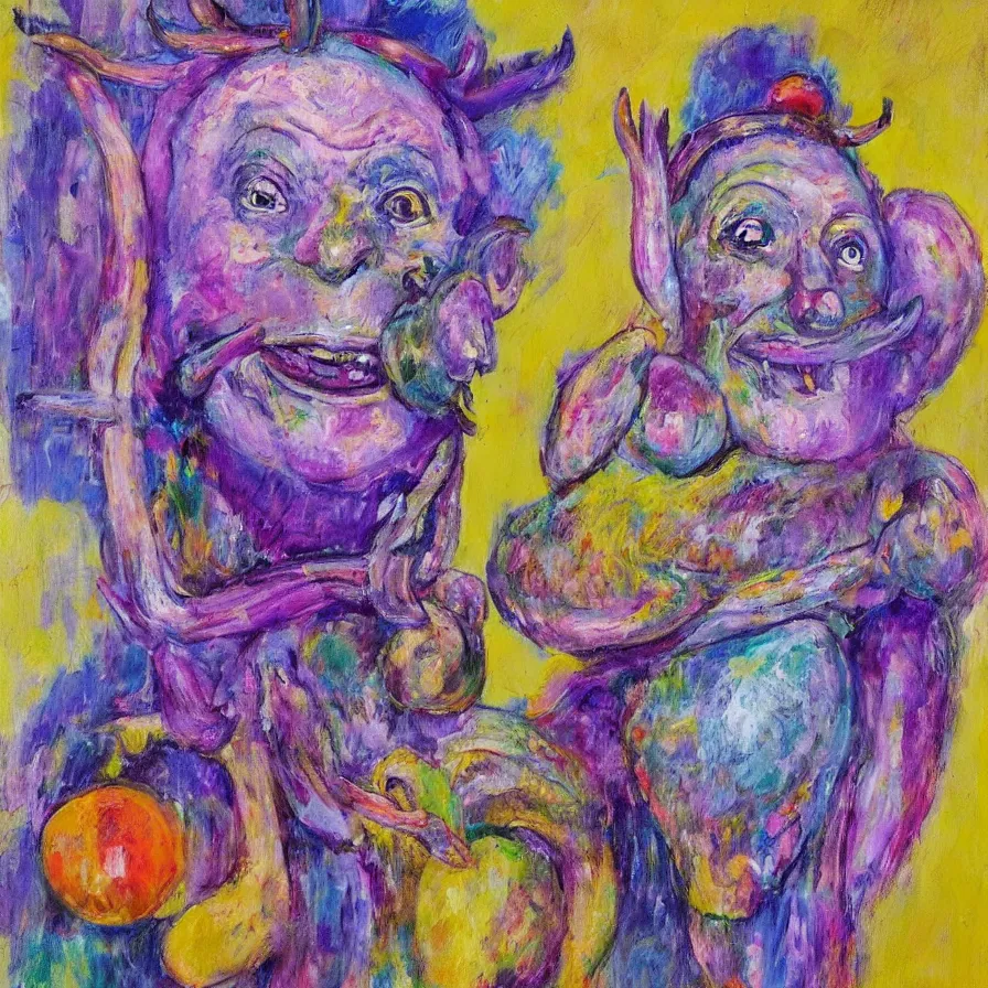 Prompt: rare hyper realistic portrait painting by affandi, studio lighting, brightly lit purple room, a blue rubber ducky with antlers laughing at a giant laughing rabbit with a clown mask