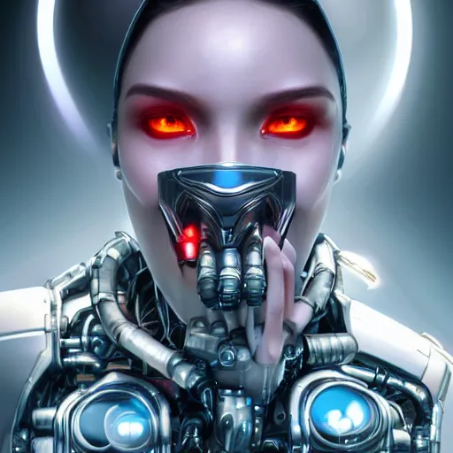 Image similar to a realistic detailed beautiful portrait of a cybernetic woman,glowing orb in her mouth, cyberpunk concept art, digital art, highly detailed, intricate, sci-fi, sharp focus, Trending on Artstation HQ, deviantart, unreal engine 5, 4K UHD image, hyperrealistic, photorealistic, art by artgerm and greg rutkowski and alphonse mucha