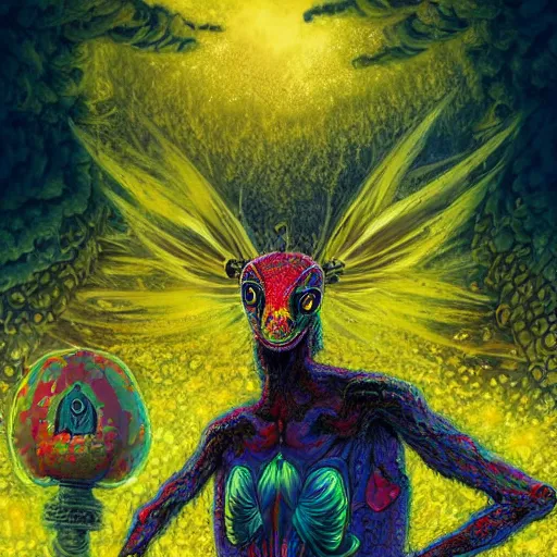 Image similar to 8K Portrait of centered chest up of a psychedelic godlike mothman with giant mandala wings smoking a hand-rolled cigarette smoking heavily , magic mushroom village in background , post-processing , award winning. superb resolution. in the art style of junji Ito and greg rutkowski . Detailed Mushroom city in background. Hyper realistic anime. Perfect art. Dalle2