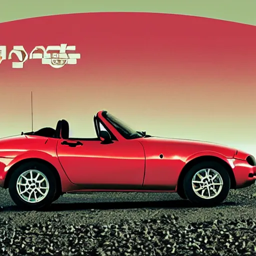 Prompt: a vintage poster of a red Mazda MX-5 parked on a beach in the moonlight
