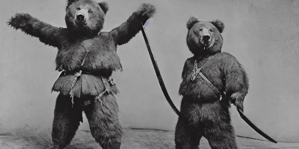 Image similar to anthropomorphic bear in samurai armor, 1900s photo