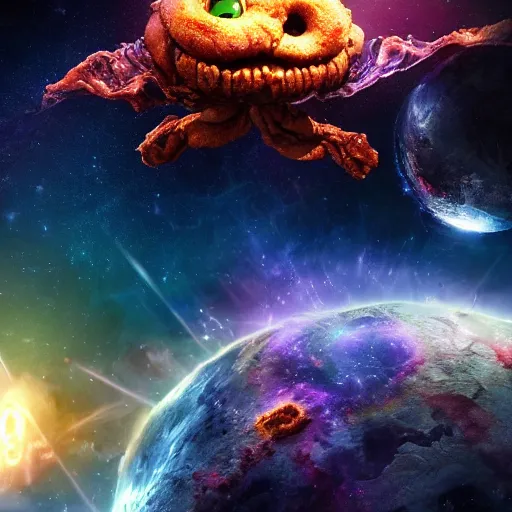 Image similar to one eldritch garfield in space, galaxy, hd, 8 k, explosions, gunfire, lasers, giant, epic, realistic photo, unreal engine, stars, prophecy, powerful, cinematic lighting, destroyed planet, debris, movie poster, violent, sinister, ray tracing, dynamic, print, epic composition, dark, lasagna, horrific