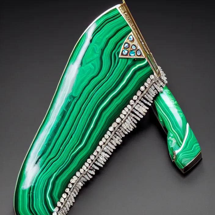 Image similar to photograph of a real-life malachite axe with jewels. Extremely detailed. 8k