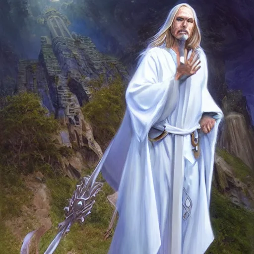 Image similar to Cult leader wearing white robes as a fantasy D&D character, portrait art by Donato Giancola and James Gurney, digital art, trending on artstation
