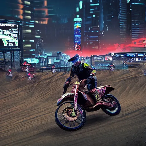 Prompt: a cyberpunk motorcross race