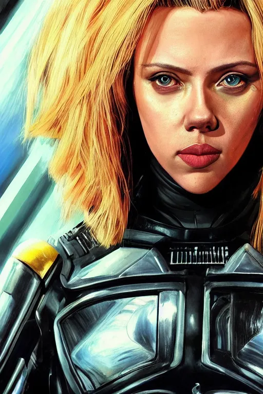 Prompt: a striking painting of Scarlett Johansson as 2000AD Judge Anderson, strong lighting, ultra realism, highly detailed, trending on artstation, 4K, HD, oil on canvas