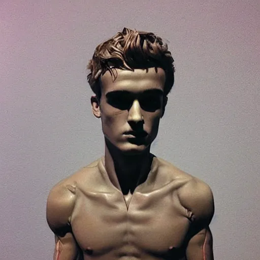 Image similar to “ a realistic detailed photo of a guy who is an attractive humanoid who is half robot and half humanoid, who is a male android, soccer player antoine griezmann, shiny skin, posing like a statue, blank stare, at the museum, on display ”