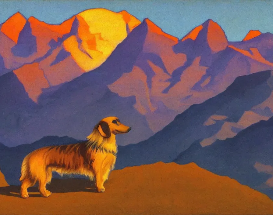 Image similar to Himalayan Dachshund, with Himalaya in the background, sunset, painting by Nicholas Roerich