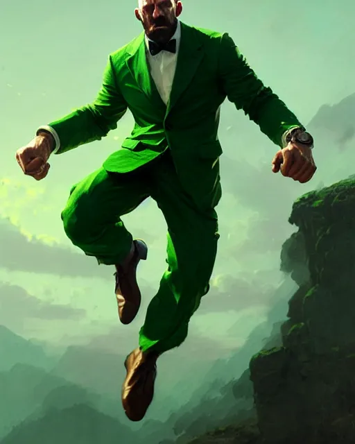 Image similar to gigachad luigi jumping like jason statham in a green suit with a mustache, fantasy character portrait, ultra realistic, full body concept art, intricate details, highly detailed by greg rutkowski, ilya kuvshinov, gaston bussiere, craig mullins, simon bisley