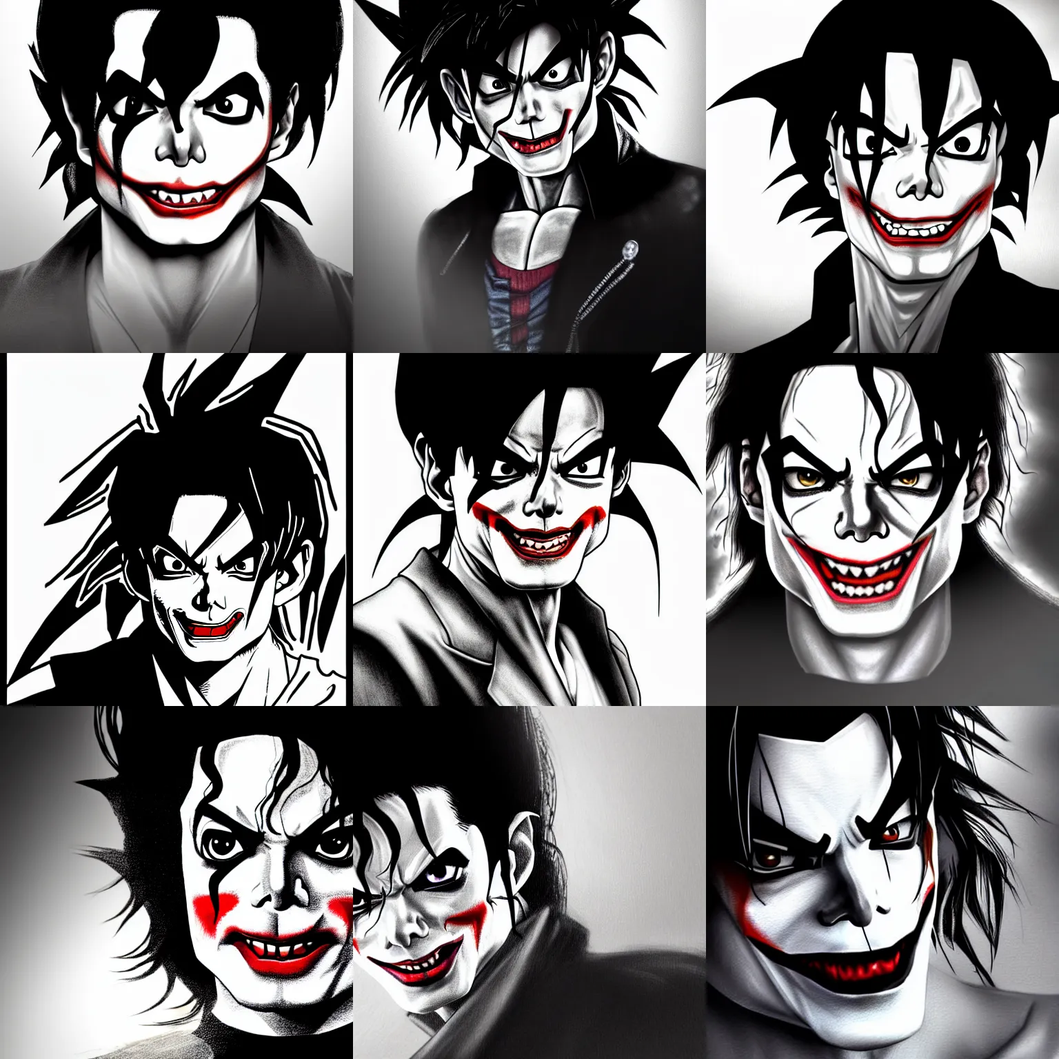 Prompt: michael jackson!!!! realistic dramatic !big face realistic close up concept art of michael jackson grayscale joker as a dragon ball Z character,dark eye sockets, graveyard landscape at night , 4k anime character illustration by akira toriyama, artstation