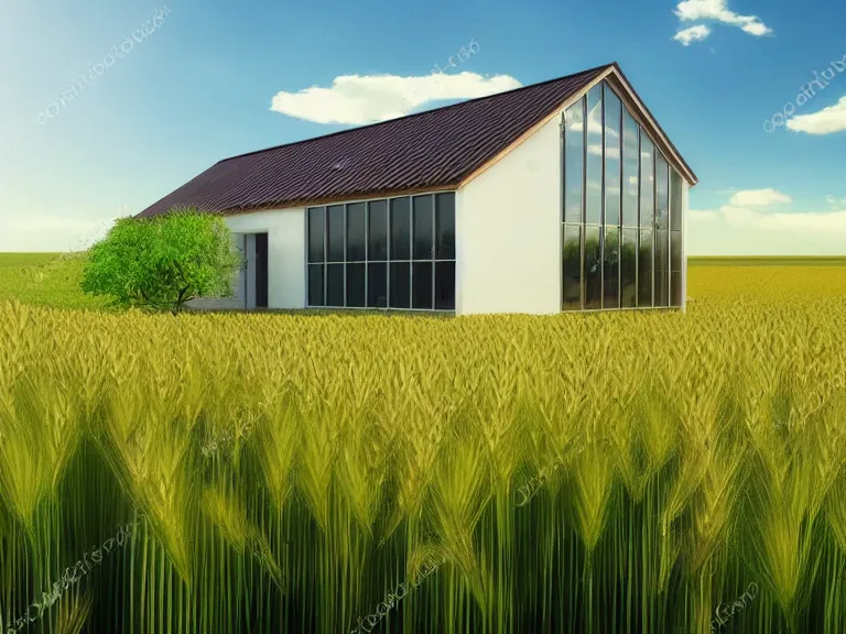 Image similar to hyperrealism concept art design of beautiful eco house in small ukrainian village, wheat field behind the house