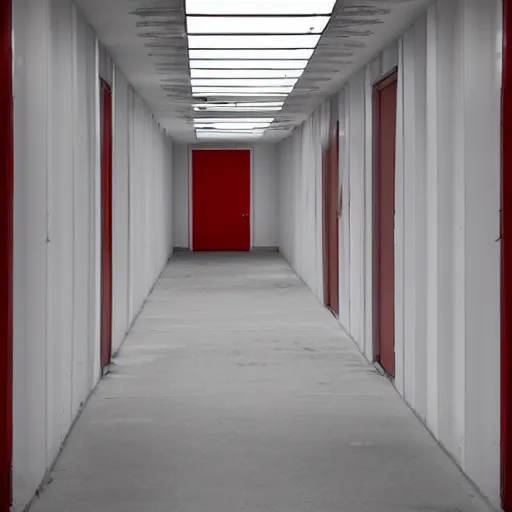 Image similar to a very long featureless white hallway with a single red door at the end, liminal space,