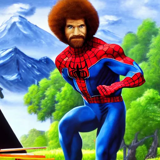 Image similar to a closeup photorealistic photograph of bob ross working on a canvas painting of spiderman. film still. brightly lit scene. mountains and trees. this 4 k hd image is trending on artstation, featured on behance, well - rendered, extra crisp, features intricate detail, epic composition and the style of unreal engine.