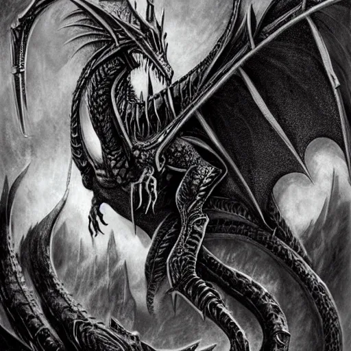 Image similar to black dragon, d & d, fantasy, hr giger,