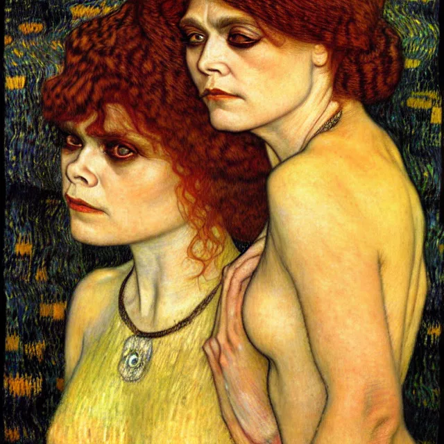 Prompt: detailed realistic theda bara face portrait by jean delville, gustav klimt and vincent van gogh, art nouveau, symbolist, visionary, gothic, pre - raphaelite, muted earthy colors, desaturated