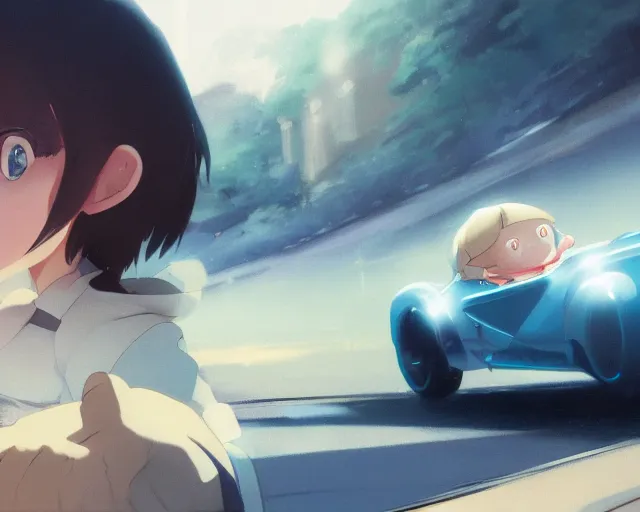 Image similar to a brunnete girl with blue eyes and puffy cheeks driving a car, close up shot from the back of the car, anime art, Greg Rutkowski, studio ghibli, dramatic lighting