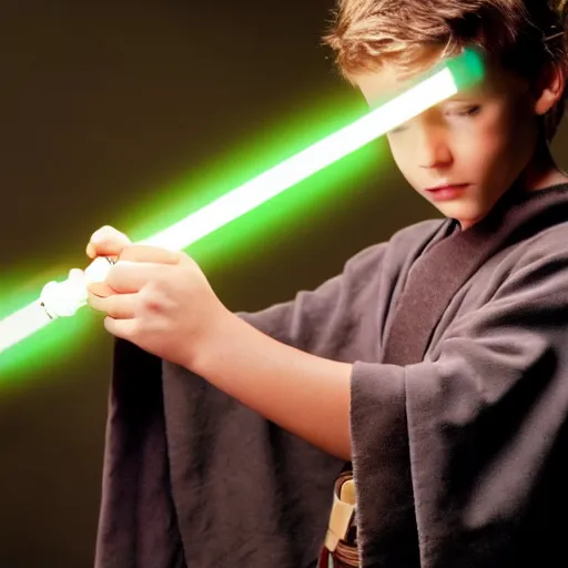 Prompt: a jedi padawan constructing his lightsaber