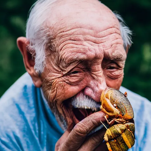 Image similar to an elderly man eating a giant bug, canon eos r 3, f / 1. 4, iso 2 0 0, 1 / 1 6 0 s, 8 k, raw, unedited, symmetrical balance, in - frame