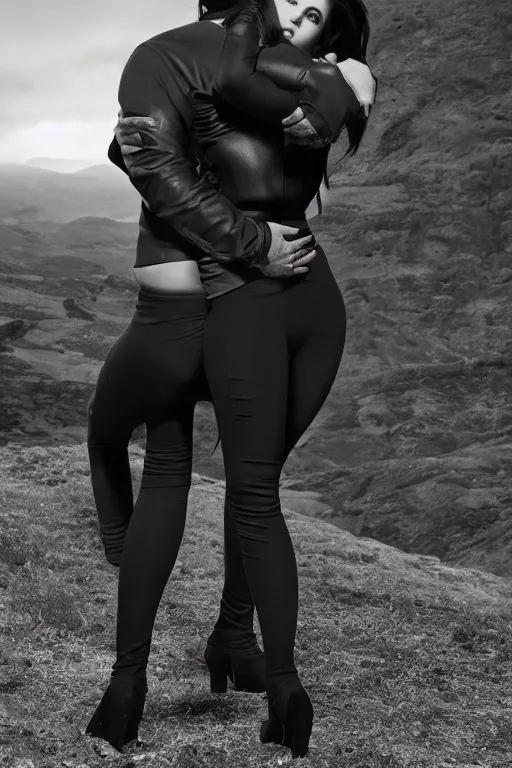 Image similar to johnny cash hugging kim kardashian, centered full body rear-shot, pov from rear, kim wearing skintight grey sportswear, real photo, photoshooting, studio light, Irish mountains background, intricate, epic lighting, cinematic composition, hyper realistic, 8k resolution, unreal engine 5