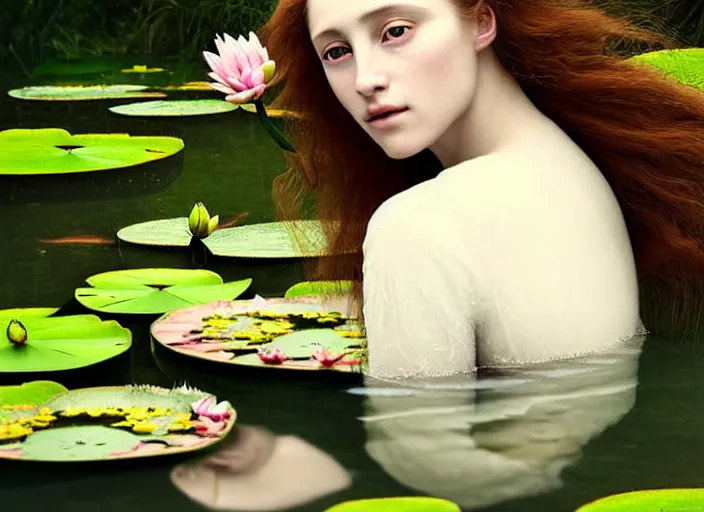 Prompt: portrait photo of a beautiful woman how pre-Raphaelites neauty type in style of Paolo Roversi, natural color skin, the face emerges from the water of a pond with water lilies, half face and hair are immersed in water, a beautiful lace dress and hair are intricate with highly detailed realistic beautiful flowers , Realistic, Refined, Highly Detailed, natural outdoor soft rose colors scheme, blur background, outdoor fine art photography, Hyper realistic, photo realistic 8K, soft light, volumetric lighting, highly detailed, britt marling style 3/4