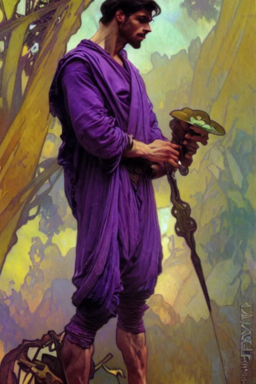 Prompt: A man wearing purple clothes, muscular, fantasy, painting by greg rutkowski and alphonse mucha