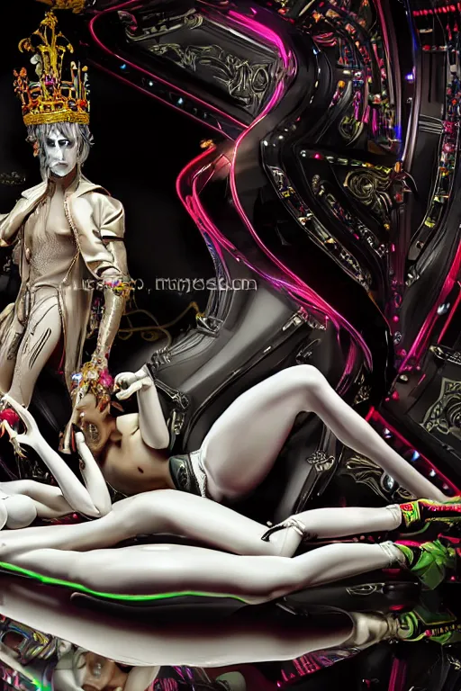 Prompt: full-body rococo and cyberpunk style neon statue of a muscular attractive Sean Mendez sim roupa macho dotado e rico android sim roupa reclining con las piernas abiertas e la piroca dura e afuera, glowing white laser eyes, prince crown of red gears, diamonds, swirling black-colored silk fabric. futuristic elements. full-length view. space robots. alien skulls. intricate artwork by caravaggio. Trending on artstation, octane render, cinematic lighting from the right, hyper realism, octane render, 8k, depth of field, 3D