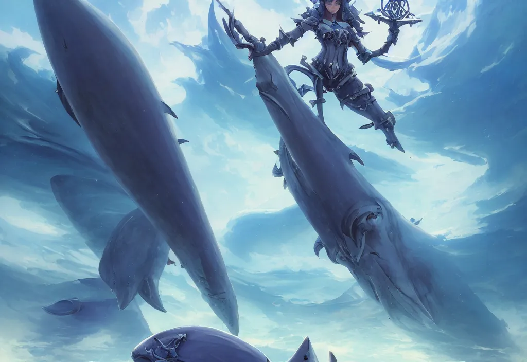 Prompt: close up of a extremely beautiful and aesthetic mech armor witch holding a symmetrical trident, perfect face, symmetrical eyes, back shark fin, horizon, model pose, slightly smiling, blue sky, big wave, big blade whale and big giants minotaurus, epic scene, bright color, fantasy illustrations, by peter mohrbacher and makoto shinkai and ferdinand knab