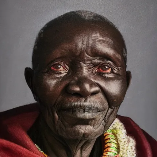 Image similar to a painting of a wise elder from Kenya by Lynette Yiadom-Boakye . dramatic angle, ethereal lights, details, smooth, sharp focus, illustration, realistic, cinematic, artstation, award winning, rgb , unreal engine, octane render, cinematic light, macro, depth of field, blur, red light and clouds from the back, highly detailed epic cinematic concept art CG render made in Maya, Blender and Photoshop, octane render, excellent composition, dynamic dramatic cinematic lighting, aesthetic, very inspirational, arthouse.
