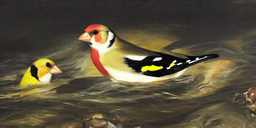 Prompt: painting of a goldfinch drowning in a river of nightmares, in the background you can see hell. by theodore gericault, realistic oil painting, 4 k, studio lightning, award winning, very detailed shadows