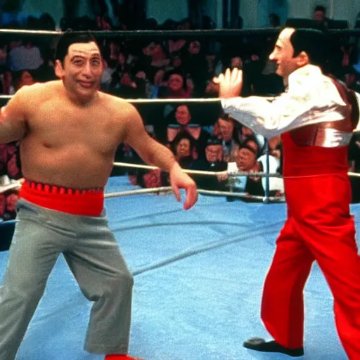 Image similar to Pee Wee Herman fights Mr Bean in WWE, 1990