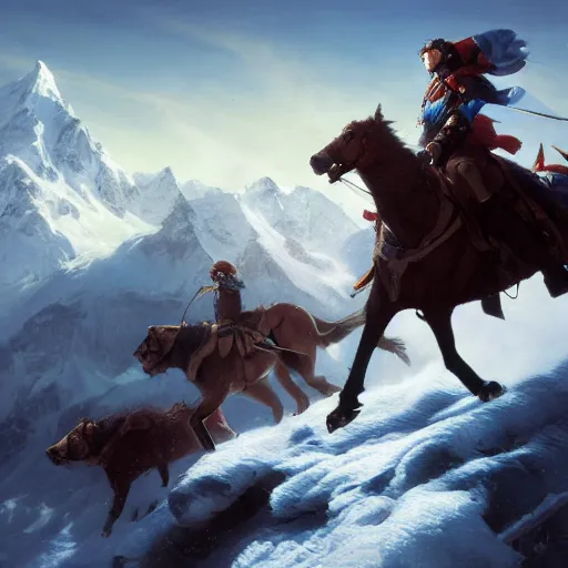 Image similar to Napoleon Crossing the Alps, riding a wolf, atmospheric lighting, by Makoto Shinkai and Ruan Jia