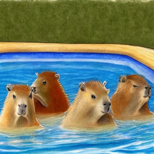 Image similar to pencil sketch of four capybaras in hot tub, realistic, shaded