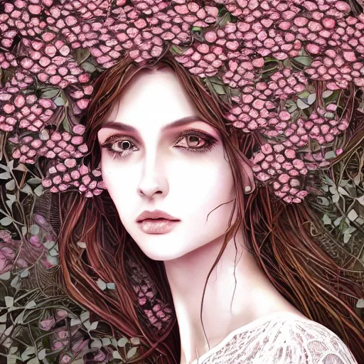 Prompt: a picture of a woman with a symmetrical detailed face, in a white lace dress and covered in flowers and leaves sitting in an enchanted forest, sunset, high fantasy, elegant, epic, detailed, intricate, digital painting, concept art, realistic detailed face, smooth, focus, soft rim light,