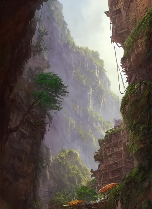 Image similar to medieval city built on terraces in a gigantic canyon, lots of buildings connected by hanging bridges, waterfalls, warm glow coming from the ground, lush vegetation, pitchblack sky, extremly detailed digital painting, in the style andreas rocha and greg rutkowski, 8 k, stunning scene, octane, trending on artstation