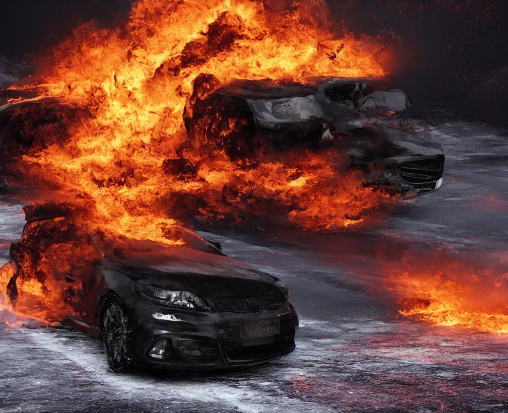 Prompt: Everything in fire, black car on the icy road going through it, hyperrealistic render