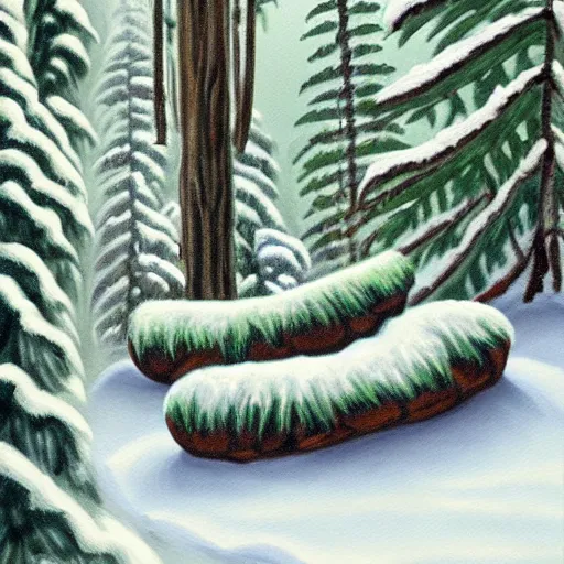 Prompt: Painting of prehistoric shamanic riverside burial site surrounded by snow topped ferns