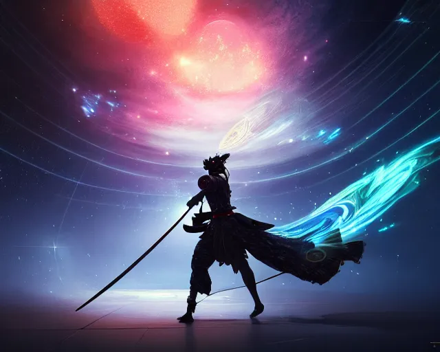 Image similar to a graceful samurai made of a illuminated star chart running through a space nebula by greg rutkowski, high key lighting, volumetric light, digital art, highly detailed, fine detail, intricate, ornate, complex, octane render, unreal engine, photorealistic