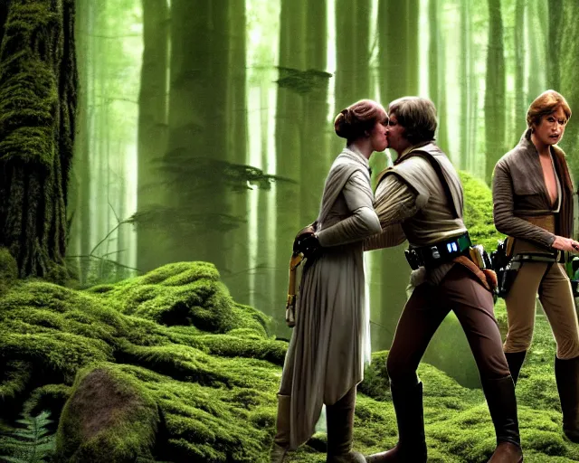 Image similar to luke skywalker, princess leia and han solo hugging and kissing in the forest of endor in a modern remake of return of the jedi