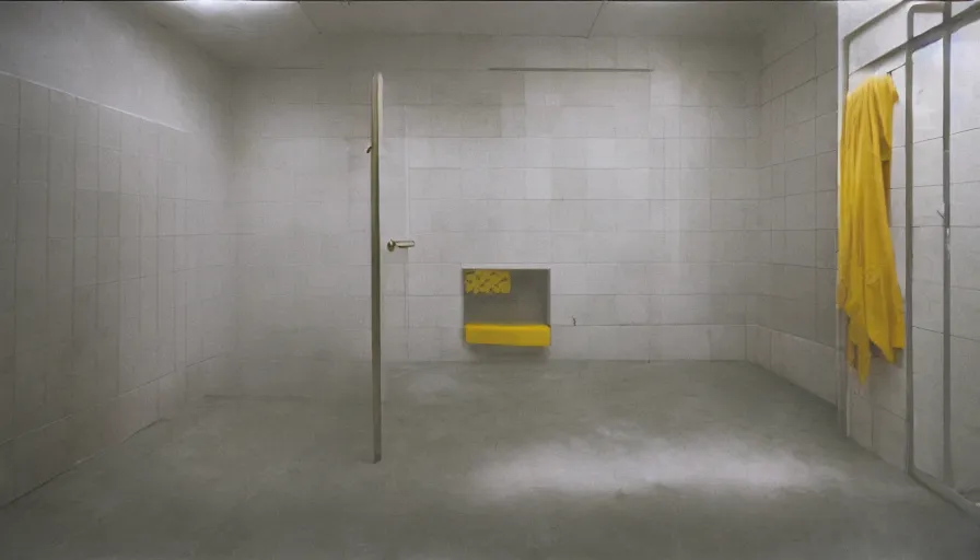 Image similar to 60s movie still of a sovietic stalinist style empty clean prison shower with yellow tiles, cinestill 800t 50mm eastmancolor, liminal Space style, heavy grain