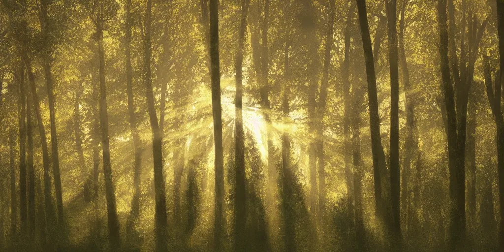 Image similar to An aesthetically pleasing, dynamic, energetic, lively, well-designed digital art of trees inside a forest during golden hour, light and shadow, caustics, by Claude Monet, superior quality, masterpiece, excellent use of negative space. 8K, superior detail.