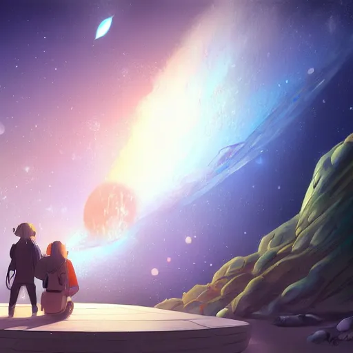 Image similar to two people stuck on an asteroid orbiting a black hole trending on art station makoto shinkai