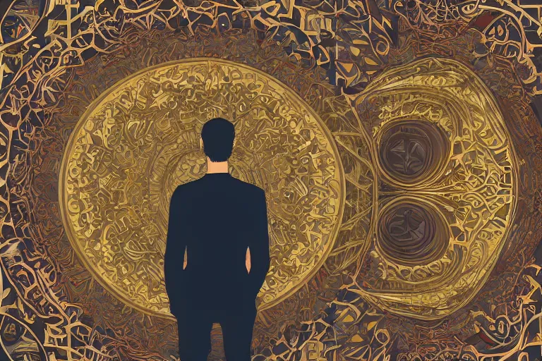 Prompt: man standing inside his own dreams by lina iris viktor, art nouveau, japanese golden decorations, 2 d flat digital illustration, opulent mosaics 4 k