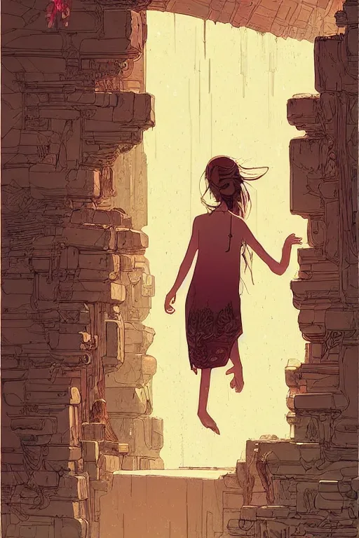Image similar to a girl sneaking behind a giant wooden door with archaic symbols embedded onto it, in a cave with the waterfall, digital art, illustrated by pascal campion and moebius and victo ngai, comics style