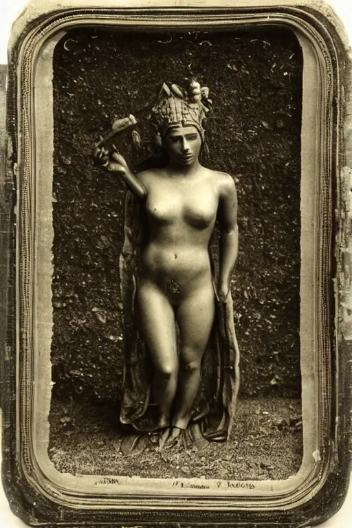 Image similar to a daguerreotype depicting an ancient martian stygian evil obsidian statue of thomasin mckenzie as the goddess persephone