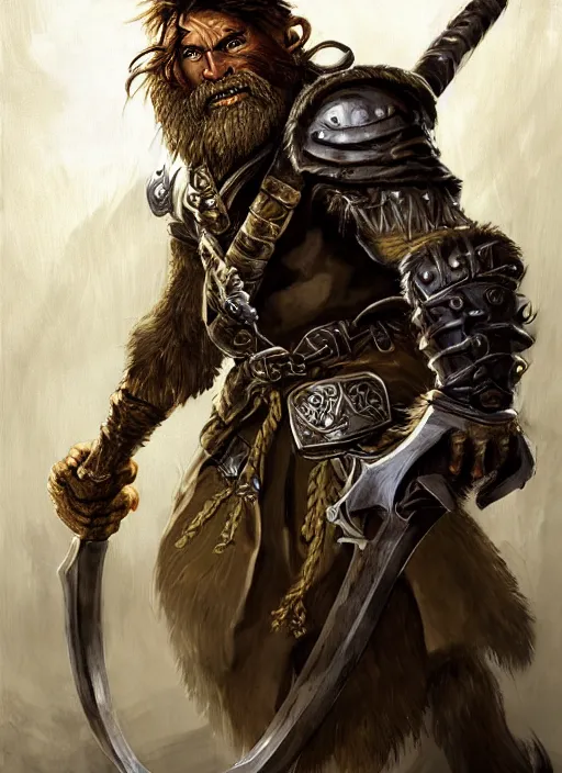 Image similar to strong young man, photorealistic bugbear ranger holding aflaming sword, black beard, dungeons and dragons, pathfinder, roleplaying game art, hunters gear, jeweled ornate leather and steel armour, concept art, character design on white background, by alan lee, norman rockwell, makoto shinkai, kim jung giu, poster art, game art