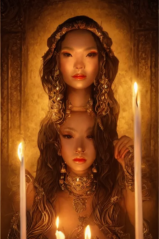 Image similar to Beautiful detailed portrait of an exotic goddess lit by candles, Nick Silva, Shin JeongHo, Wandah Kurniawan, Symmetrical composition with people centered, realistic proportions, trending on artstation